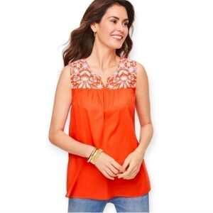 Talbots Top Floral Embroidered Sleeveless Cotton Blouse Orange/White XSmall